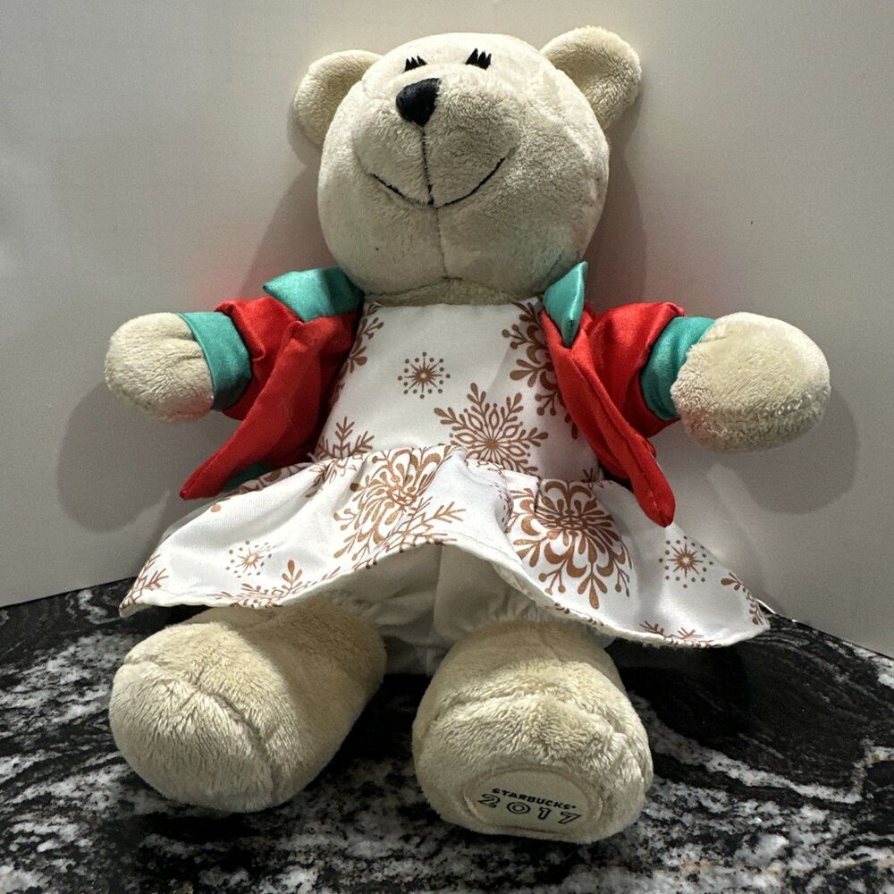 Starbucks 2017 Bearista Bear Plush Beige 10" Red & Green Jacket Dress 4476
